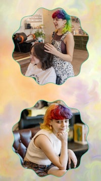 two pictures of a woman with colorful hair